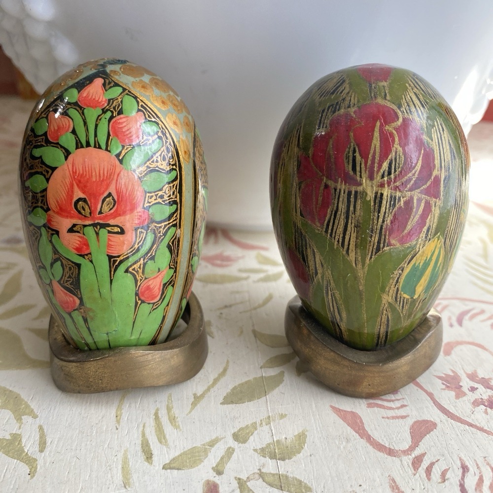 Vintage Kashmiri Eggs on Brass Stands Set of 2 Floral Gold Accents Hand Painted